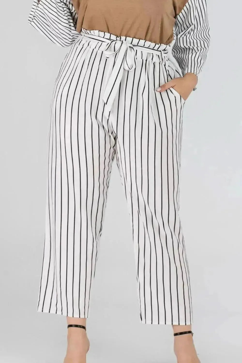 Full Size Striped Paperbag Waist Cropped Pants - Bad Moms Club
