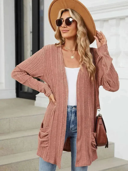 Pocketed Open Front Long Sleeve Cardigan - Bad Moms Club