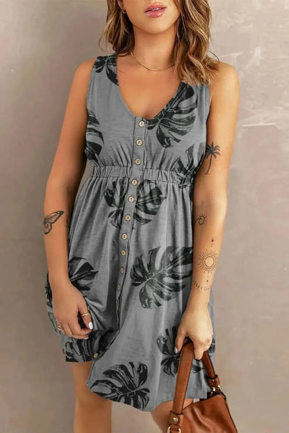Buttoned Round Neck Sleeveless Mini Magic Dress - Bad Moms Club