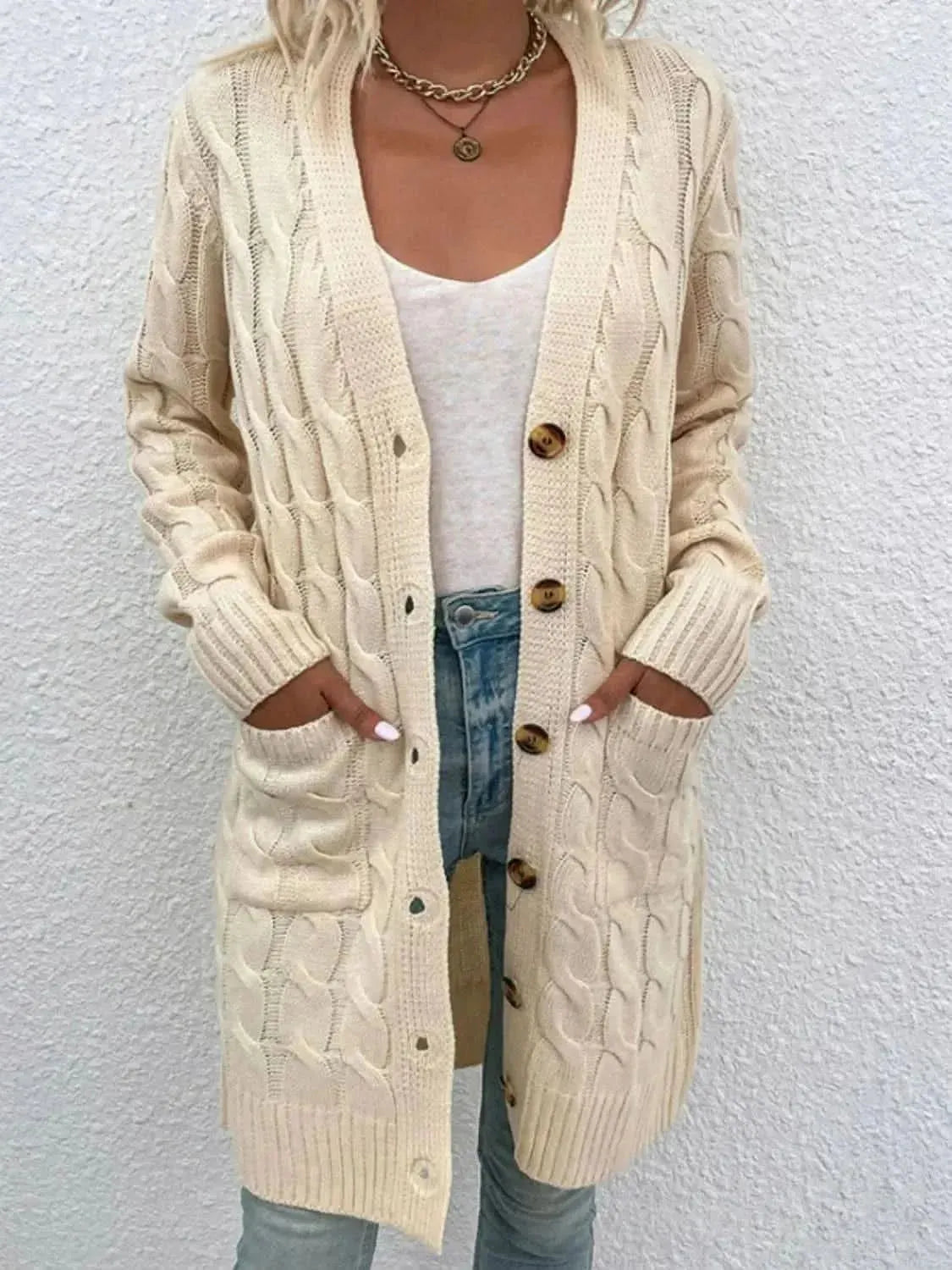 Cable-Knit Button Down Cardigan with Pockets - Bad Moms Club