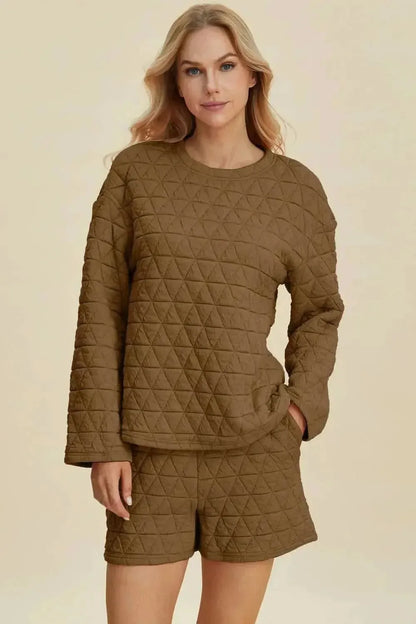 Double Take Full Size Texture Round Neck Long Sleeve Top and Shorts Set - Bad Moms Club