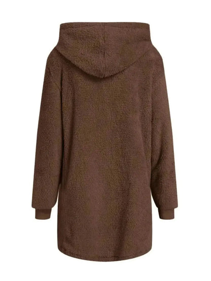 Fuzzy Pocketed Zip Up Long Sleeve Hooded Jacket - Bad Moms Club