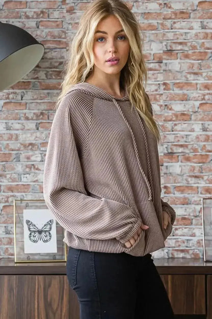 Heimish Full Size Ribbed Drawstring Kangaroo Pocket Hoodie - Bad Moms Club
