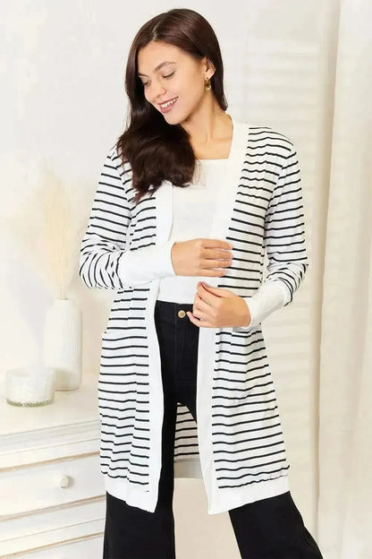 Double Take Striped Open Front Longline Cardigan - Bad Moms Club