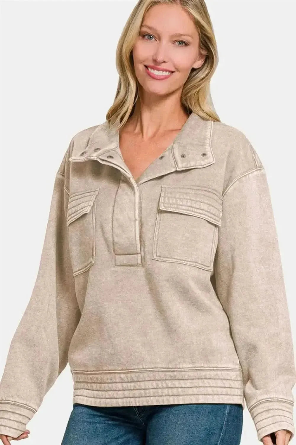 Zenana Acid Washed Half Snap Fleece Sweatshirt - Bad Moms Club