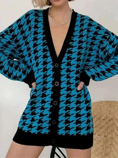 Houndstooth Button Up Long Sleeve Cardigan - Bad Moms Club