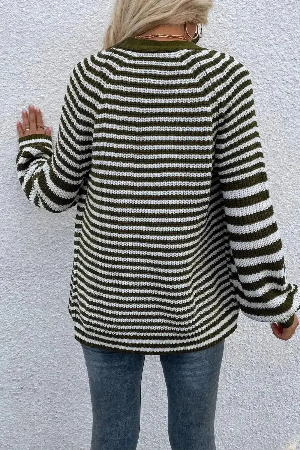 Striped V-Neck Button-Down Cardigan - Bad Moms Club