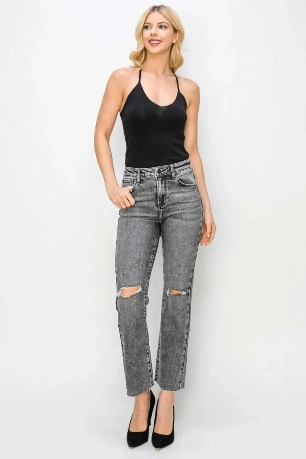 RISEN High Waist Distressed Straight Jeans - Bad Moms Club