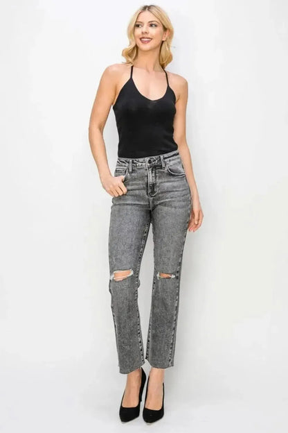 RISEN High Waist Distressed Straight Jeans - Bad Moms Club