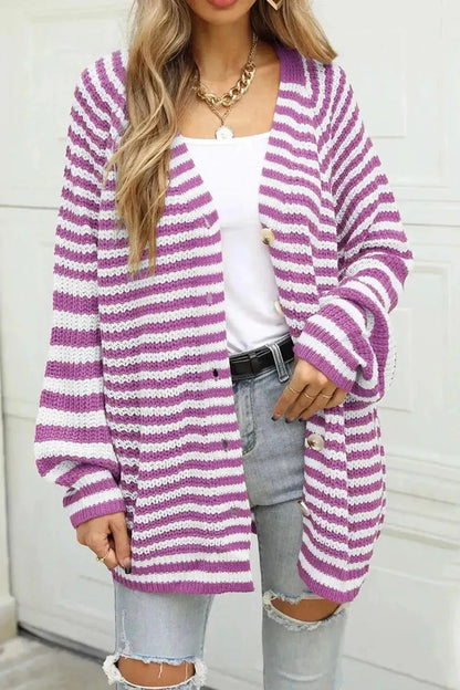 Striped Button Up Long Sleeve Cardigan - Bad Moms Club