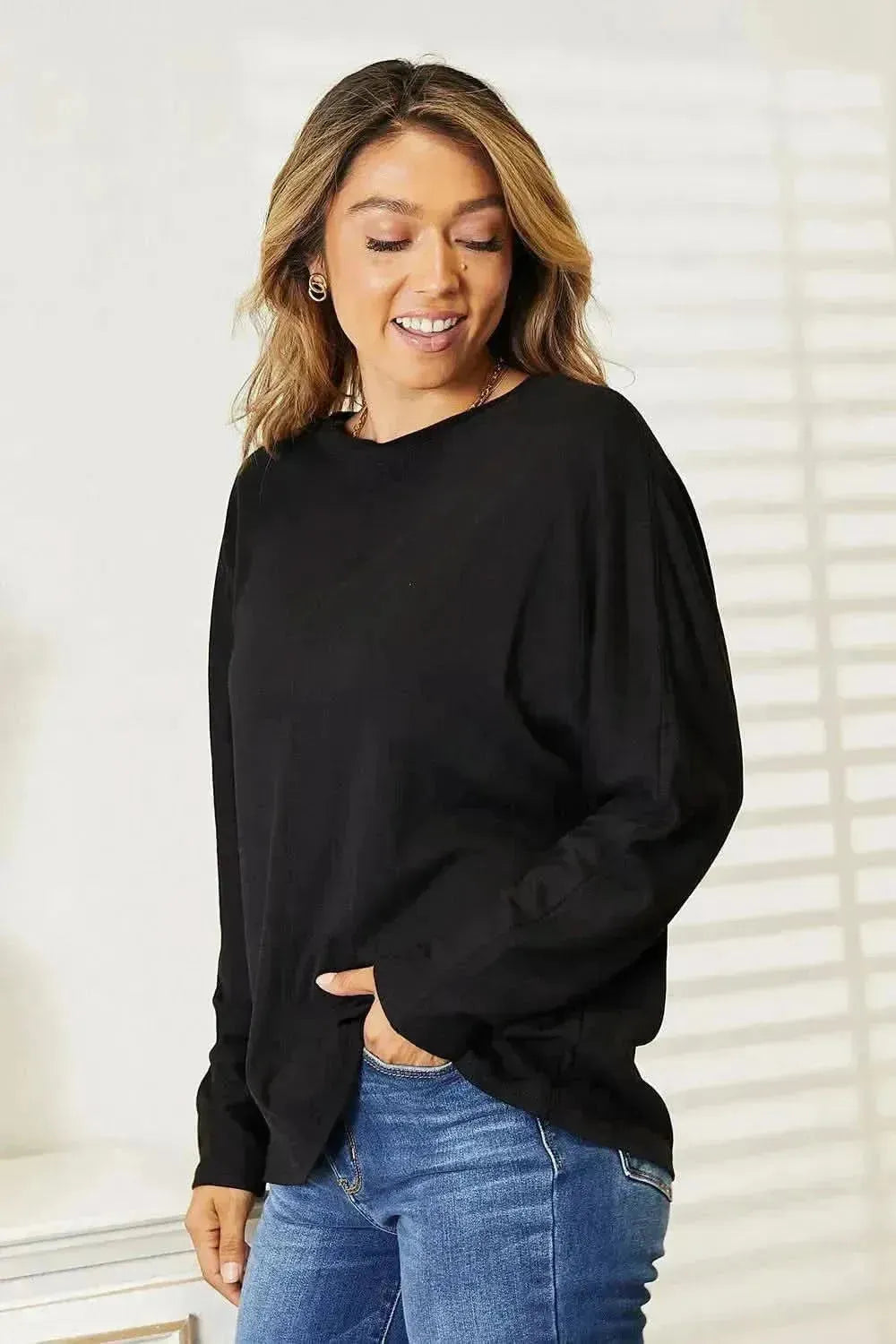 Double Take Seam Detail Round Neck Long Sleeve Top - Bad Moms Club