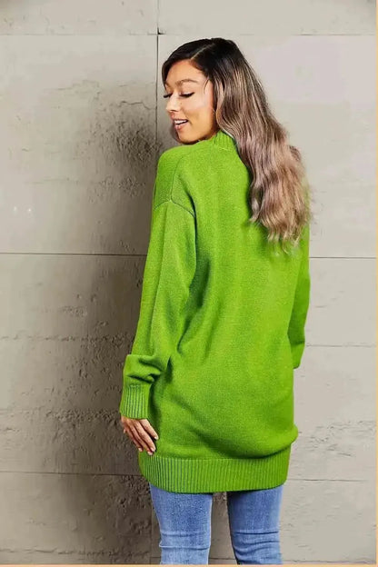 Ribbed Trim Dropped Shoulder Pocketed Cardigan - Bad Moms Club