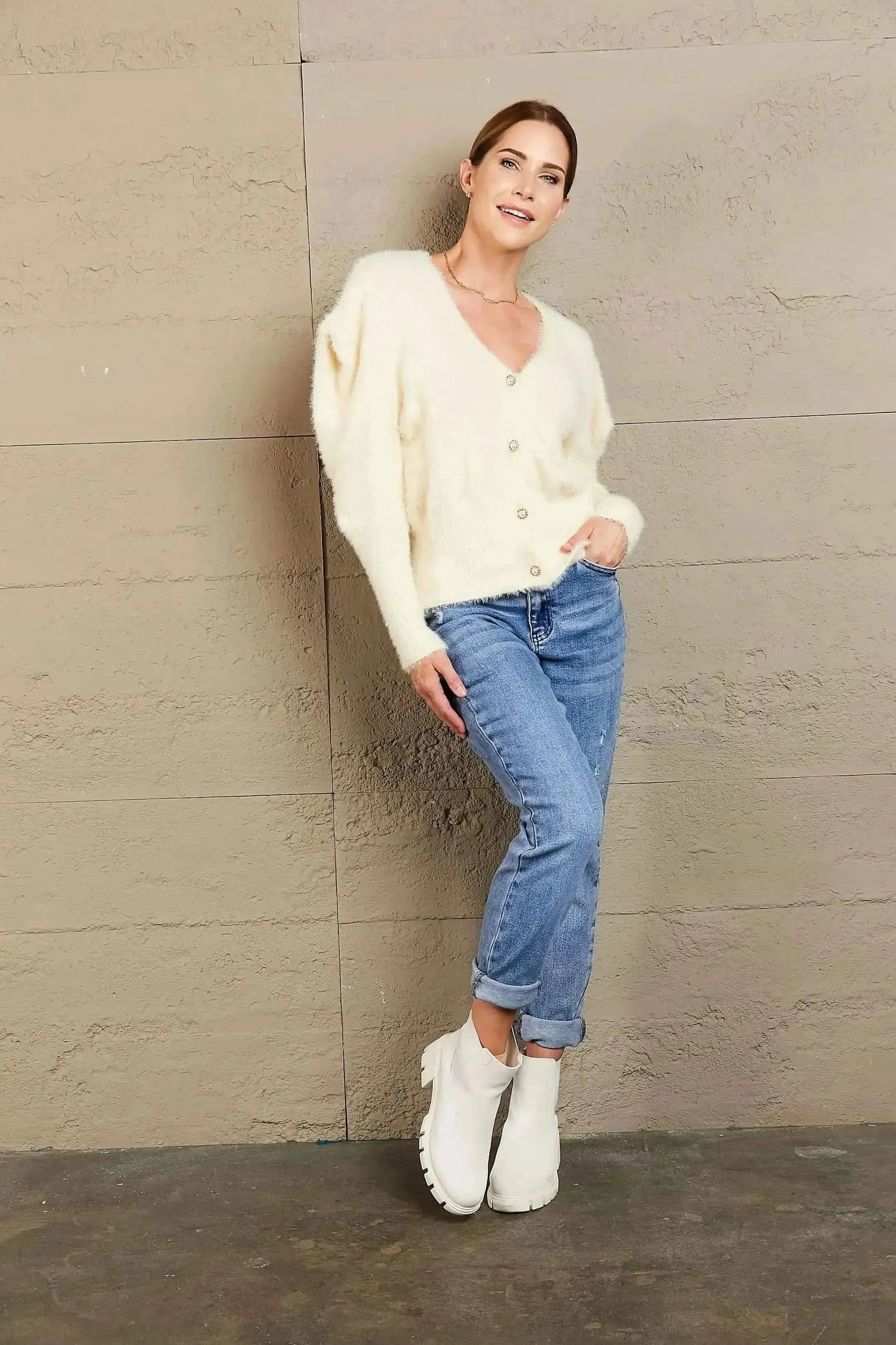 Woven Right Puff Sleeve V-Neck Fuzzy Cardigan - Bad Moms Club