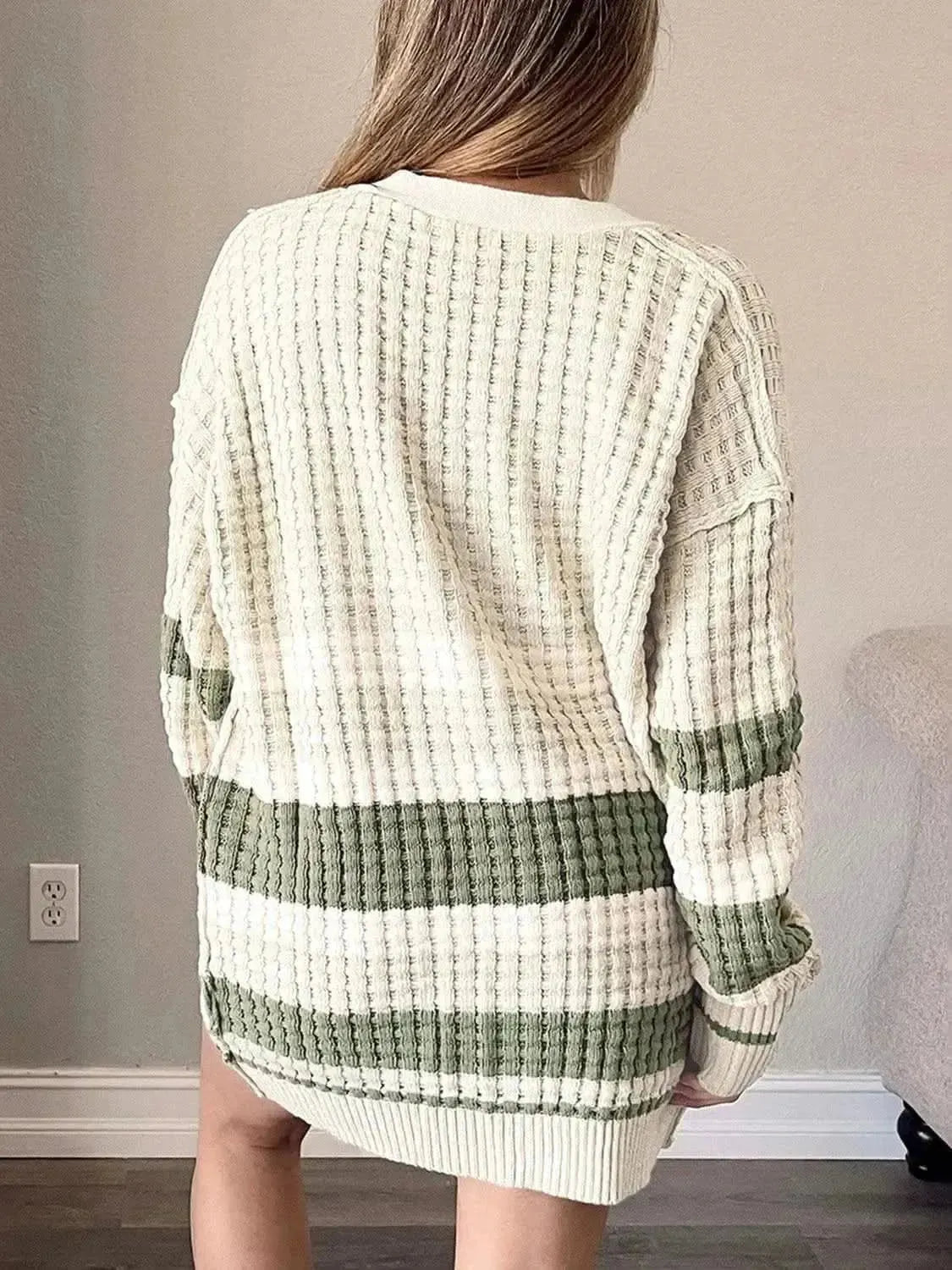 Plus Size Striped Button Up Dropped Shoulder Cardigan - Bad Moms Club