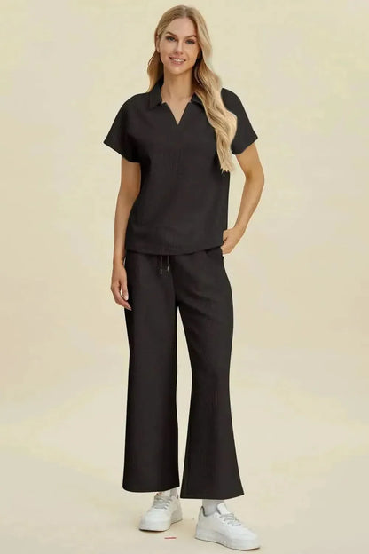 Double Take Full Size Collared Neck Short Sleeve Top and Pants Set - Bad Moms Club