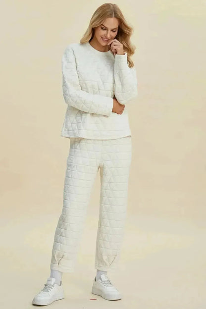 Double Take Full Size Texture Round Neck Long Sleeve Top and Pants Set - Bad Moms Club
