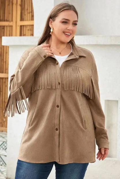 Plus Size Fringe Trim Snap Down Long Sleeve Shacket - Bad Moms Club