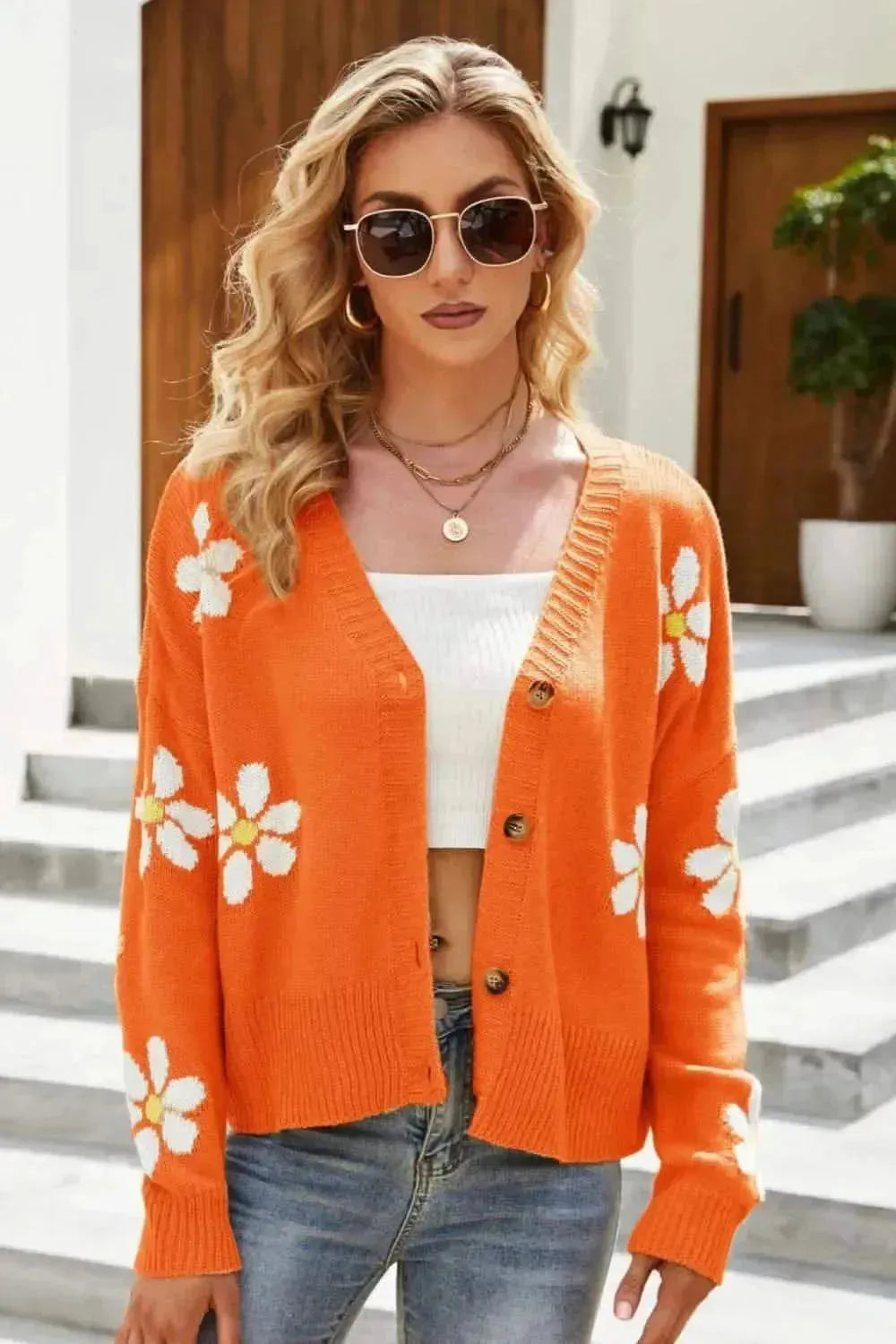 Floral Ribbed Trim Drop Shoulder Cardigan - Bad Moms Club