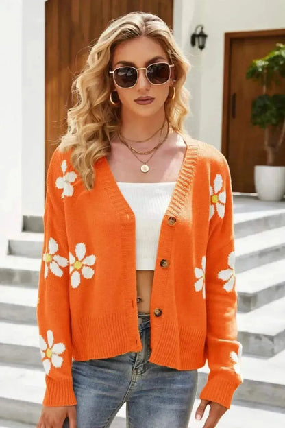 Floral Ribbed Trim Drop Shoulder Cardigan - Bad Moms Club
