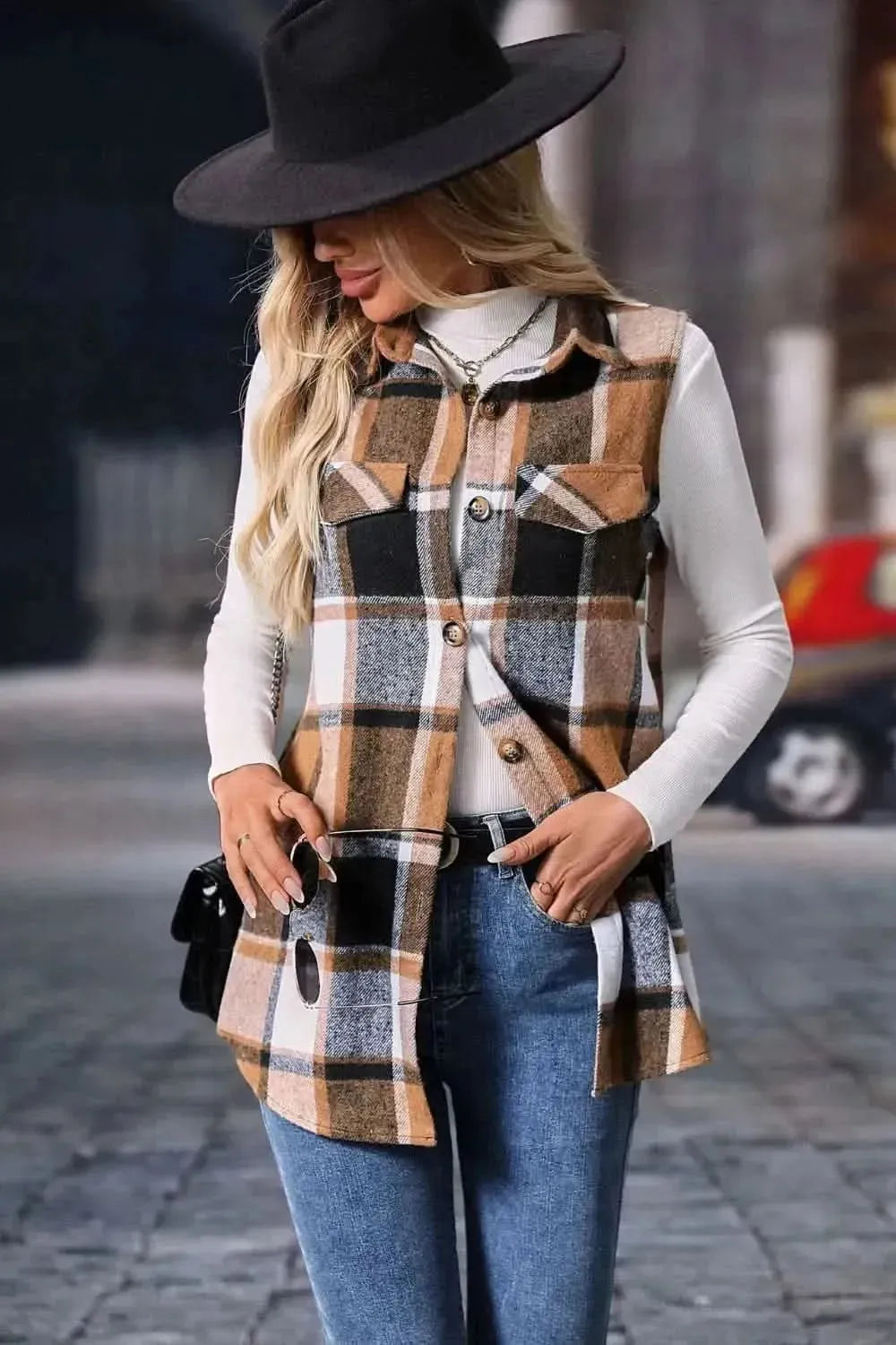 Plaid Button Up Vest Coat - Bad Moms Club