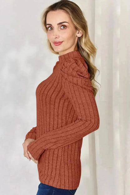 Basic Bae Full Size Ribbed Mock Neck Puff Sleeve T-Shirt - Bad Moms Club