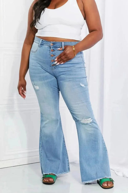 Vibrant MIU Full Size Jess Button Flare Jeans - Bad Moms Club