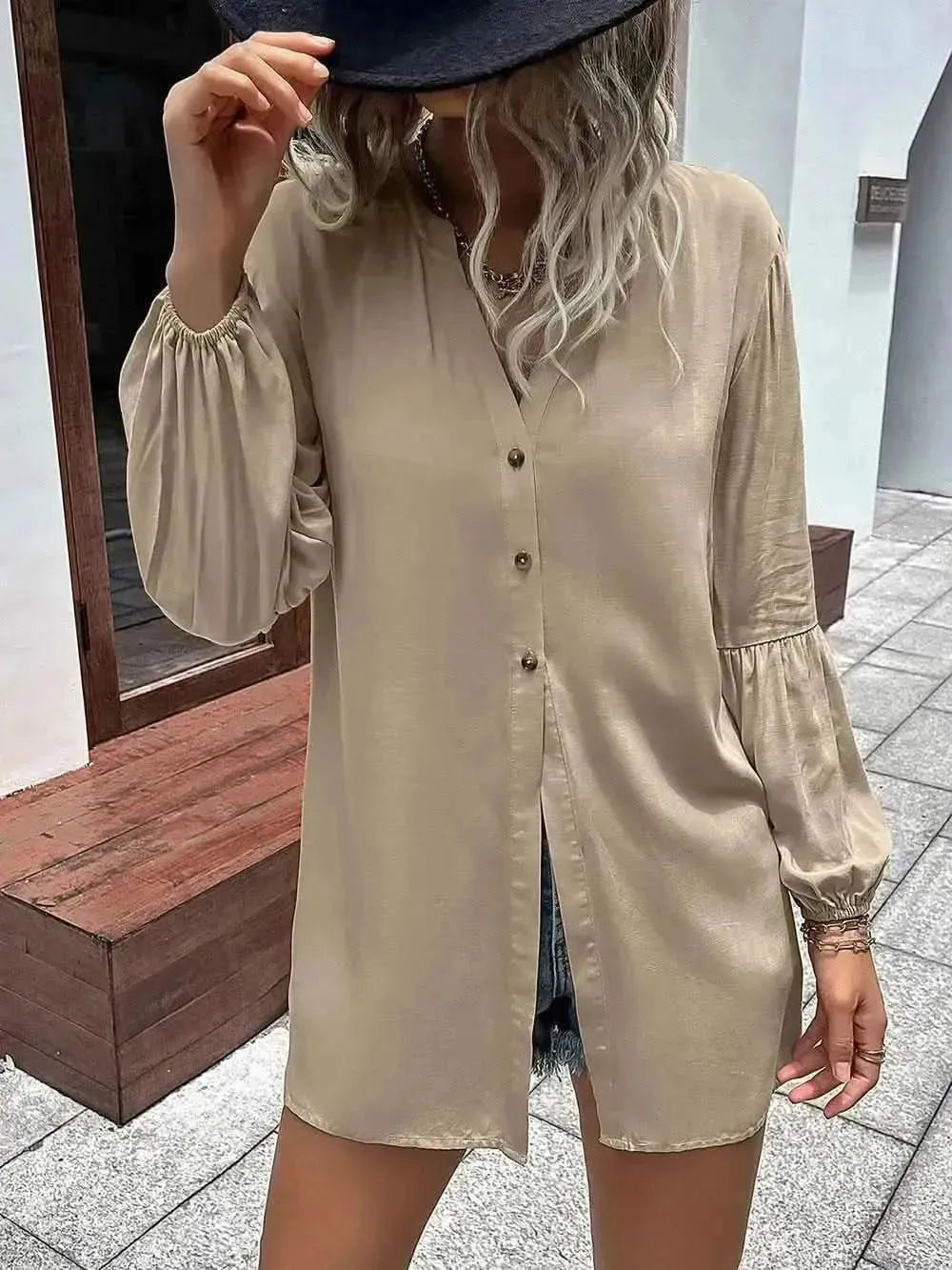 Ivy Lane Notched Neck Balloon Sleeve Shirt - Bad Moms Club