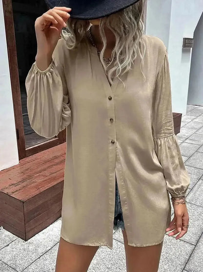 Ivy Lane Notched Neck Balloon Sleeve Shirt - Bad Moms Club
