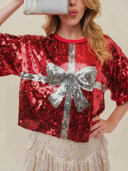 Sequin Bow Graphic Round Neck Half Sleeve T-Shirt - Bad Moms Club