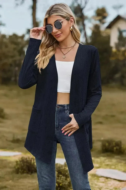 Cable-Knit Long Sleeve Cardigan with Pocket - Bad Moms Club