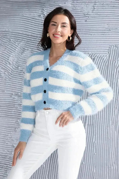 Striped Button Up Cropped Cardigan - Bad Moms Club