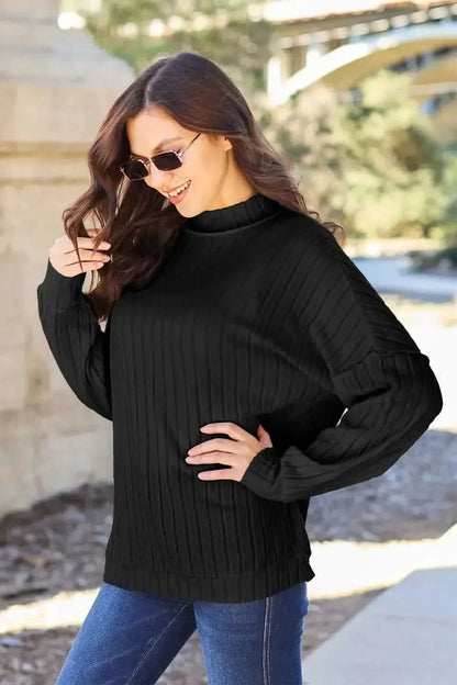 Basic Bae Full Size Ribbed Exposed Seam Mock Neck Knit Top - Bad Moms Club