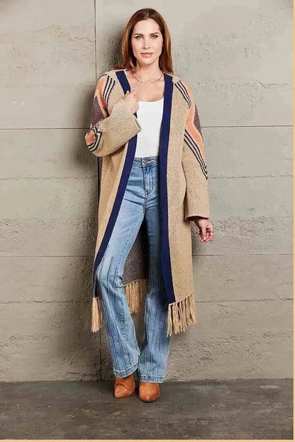 Geometric Fringe Hem Open Front Duster Cardigan - Bad Moms Club