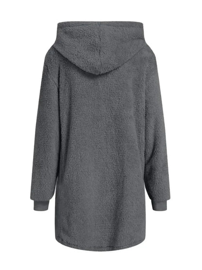 Fuzzy Pocketed Zip Up Long Sleeve Hooded Jacket - Bad Moms Club