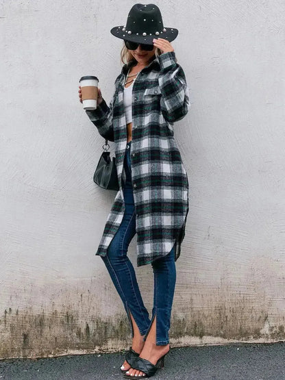 Plaid Button Up Long Sleeve Shacket - Bad Moms Club