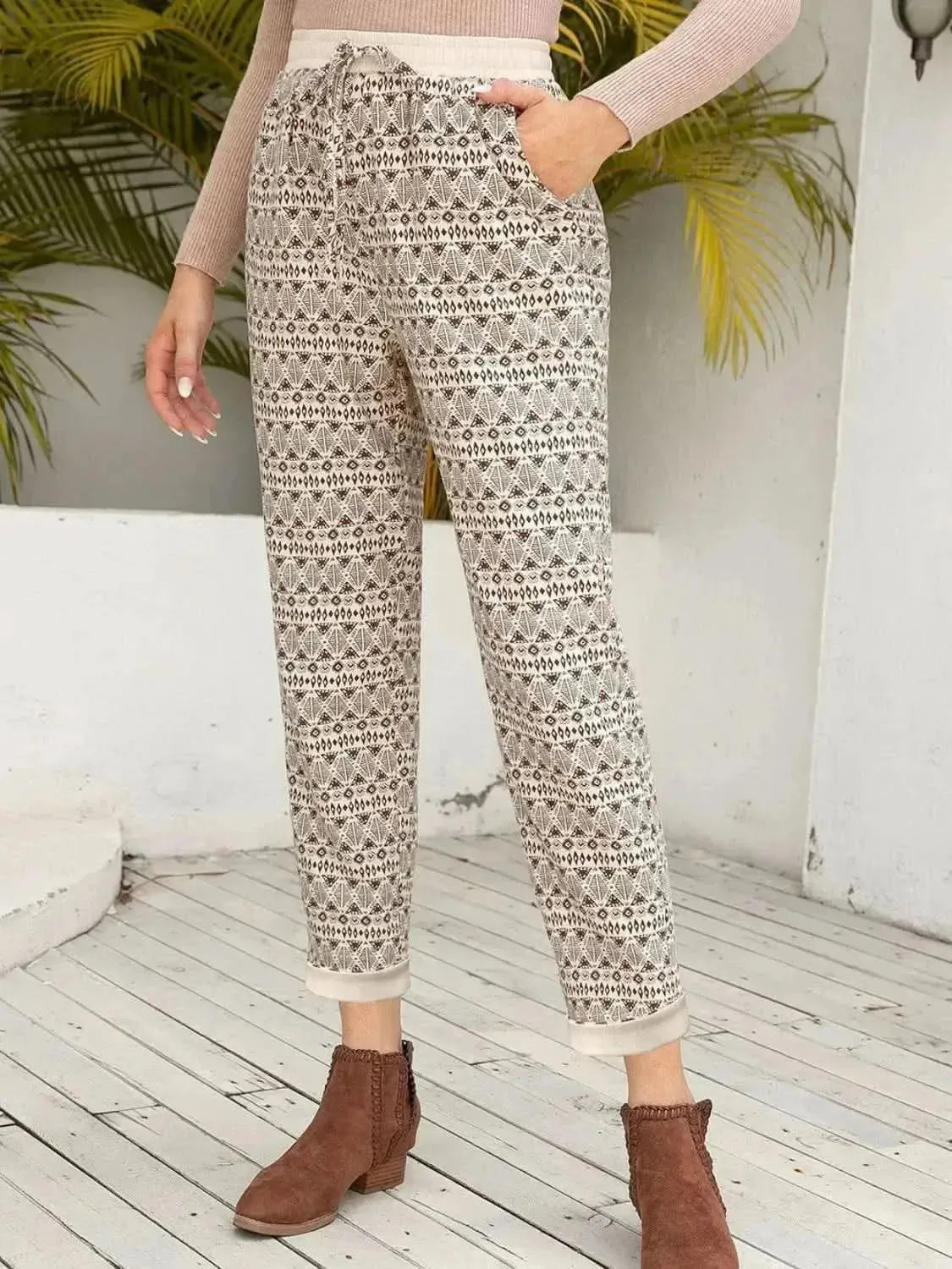 Ivy Lane Tied Printed Pants with Pockets - Bad Moms Club