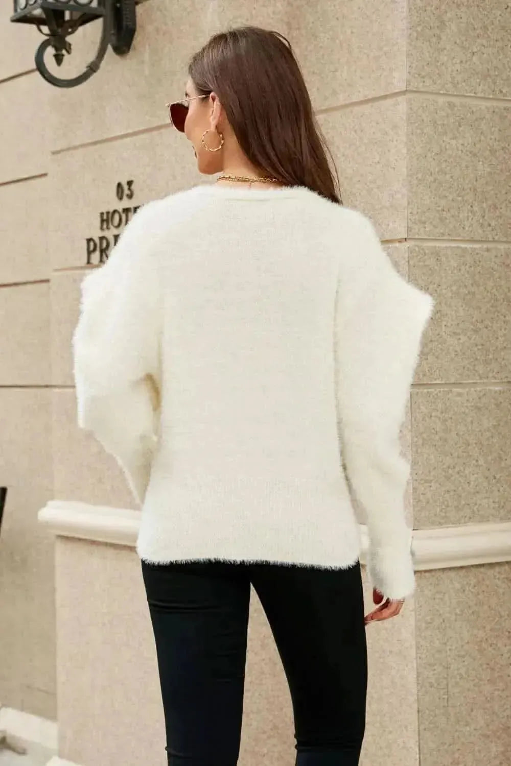Woven Right Puff Sleeve V-Neck Fuzzy Cardigan - Bad Moms Club