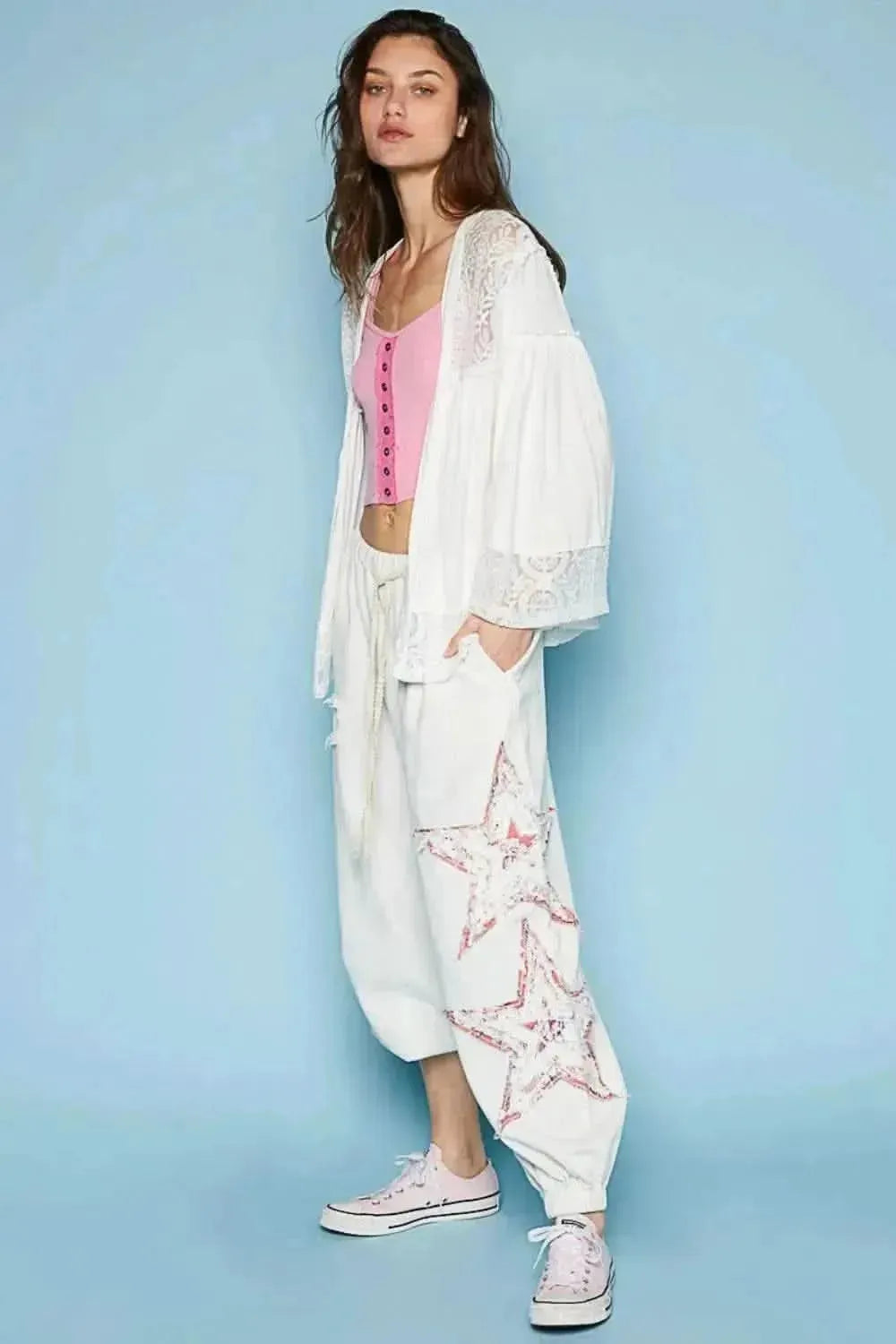 POL Open Front Lace Detail Cardigan - Bad Moms Club