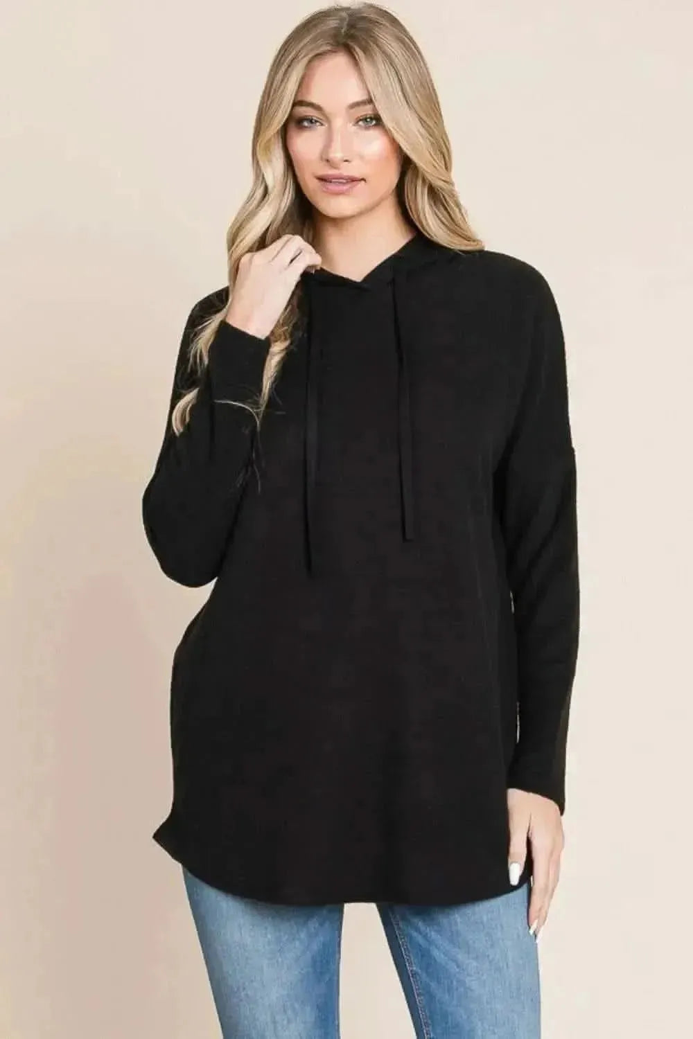 BOMBOM Contrast Drawstring Drop Shoulder Knit Hoodie - Bad Moms Club