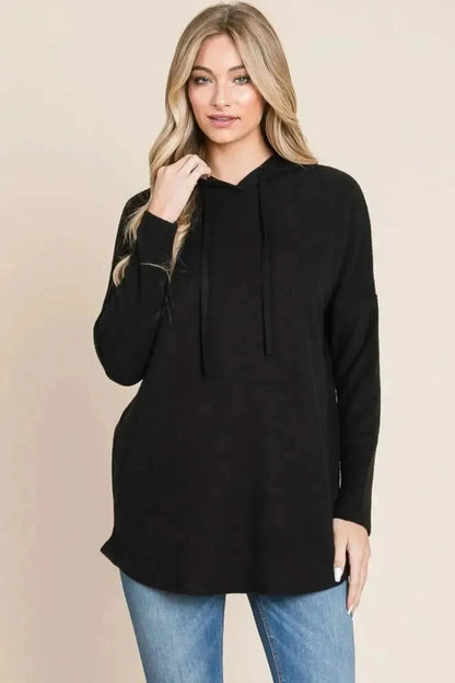 BOMBOM Contrast Drawstring Drop Shoulder Knit Hoodie - Bad Moms Club