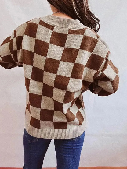 Checkered Open Front Button Up Cardigan - Bad Moms Club