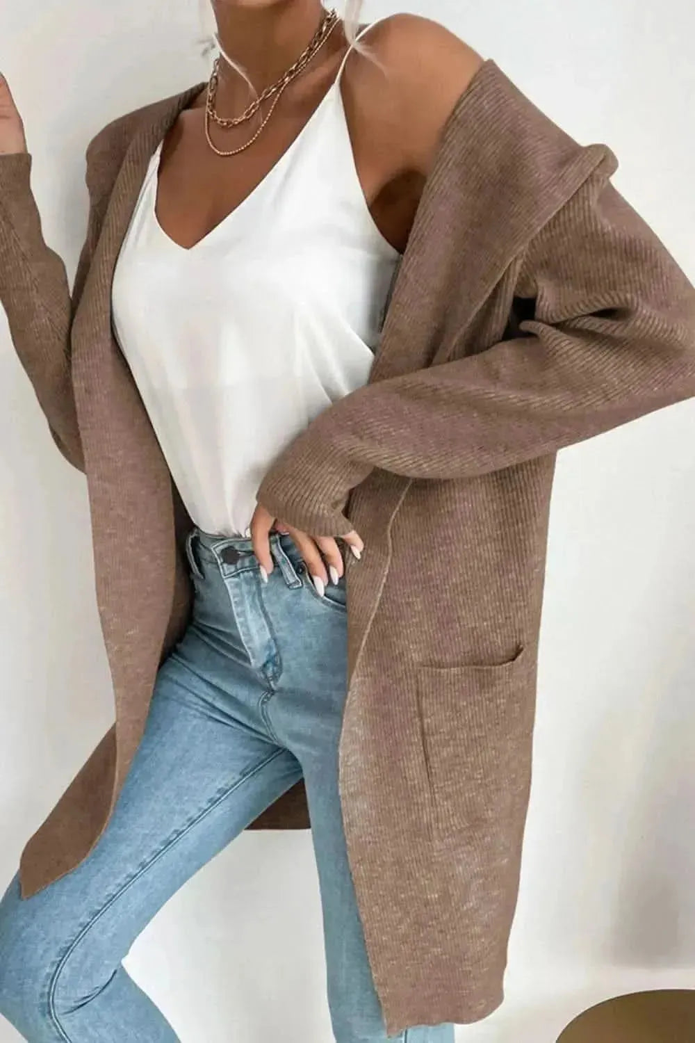 Ribbed Open Front Hooded Cardigan with Pockets - Bad Moms Club