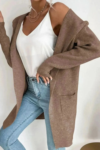 Ribbed Open Front Hooded Cardigan with Pockets - Bad Moms Club