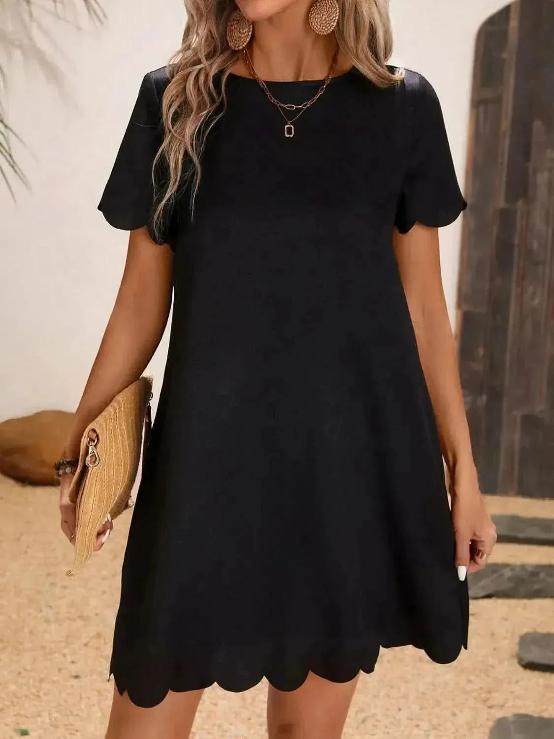 Scalloped Hem Round Neck Short Sleeve Dress - Bad Moms Club