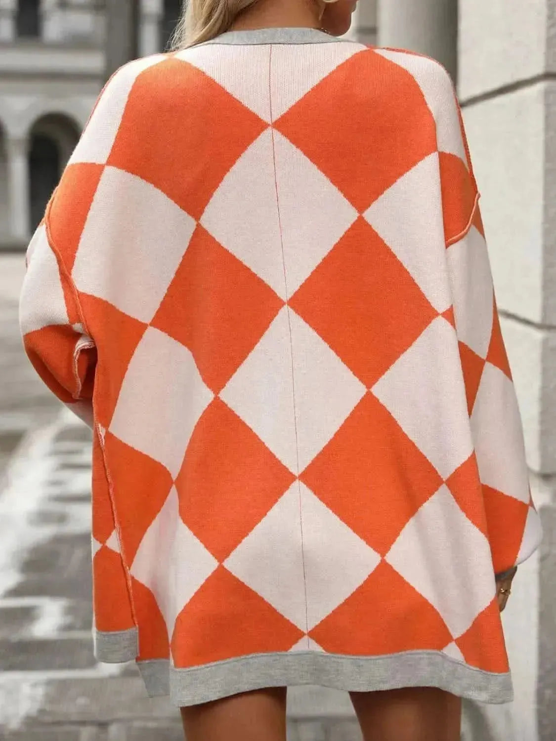 Checkered Dropped Shoulder Long Sleeve Cardigan - Bad Moms Club