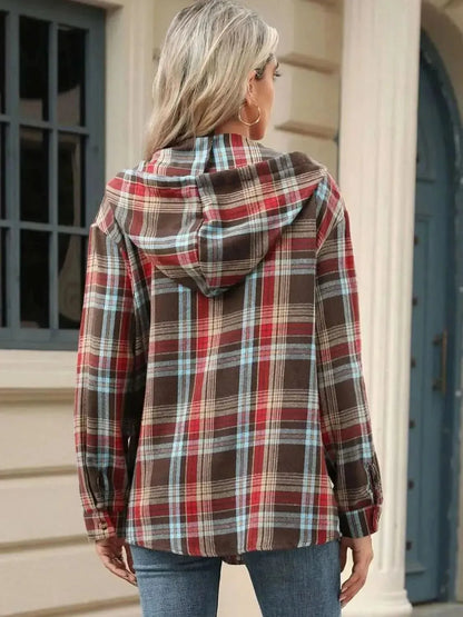 Drawstring Plaid Hooded Long Sleeve Top - Bad Moms Club