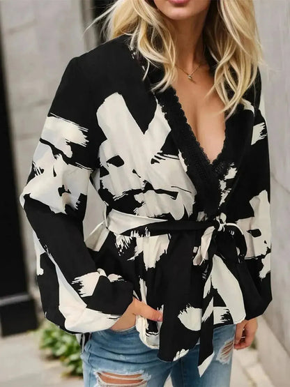 Printed Tie Front Lace Detail Cardigan - Bad Moms Club