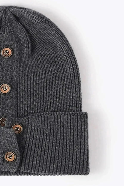 Button Detail Rib-Knit Cuff Beanie - Bad Moms Club