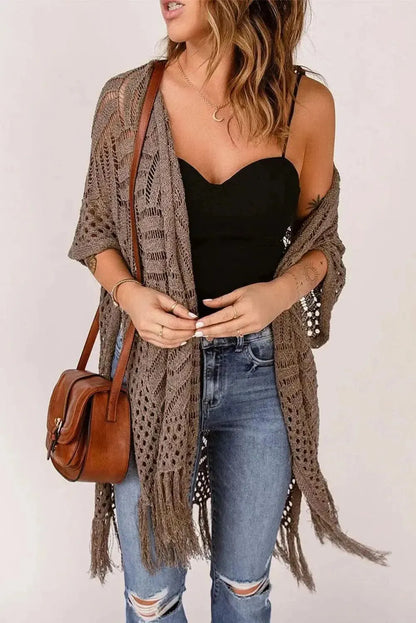 Fringe Hem Slit Open Front Cardigan - Bad Moms Club