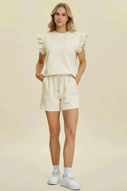 Double Take Full Size Texture Round Neck Ruffle Sleeve Top and Shorts Set - Bad Moms Club